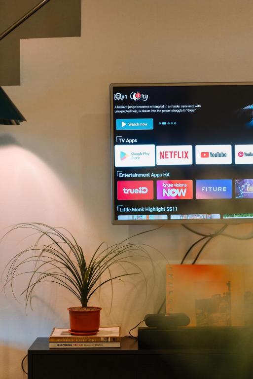 a television on a wall with a potted plant on a table at Kawish House กาวิส เฮ้าส์ in Ban Hua Trut