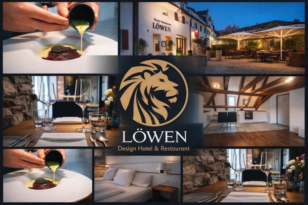 a collage of photos of a restaurant with a glass of wine at Design Hotel & Restaurant Löwen in Ulm