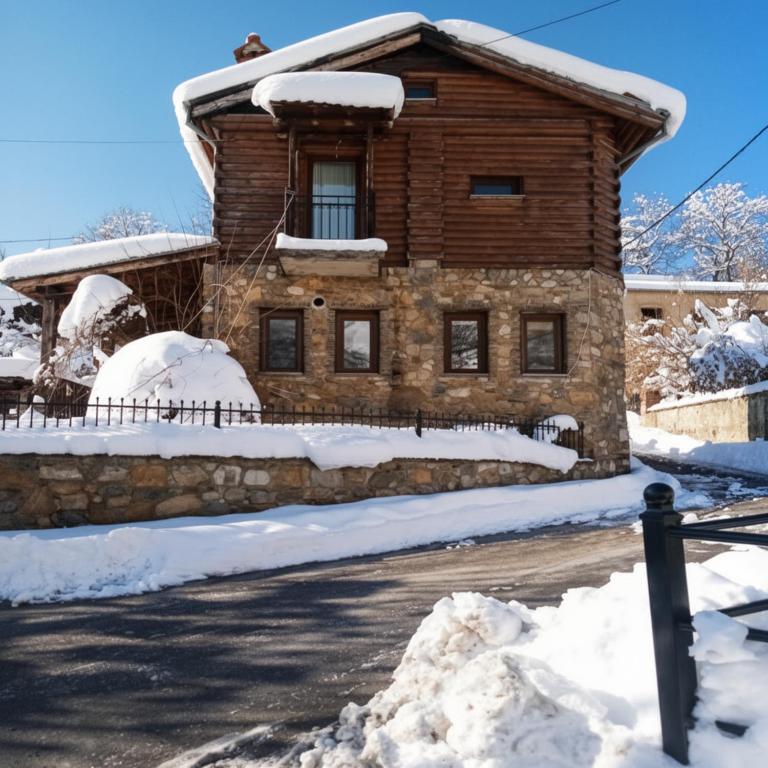 a house covered in snow with a fence at Amadrias Villa Florina in Florina