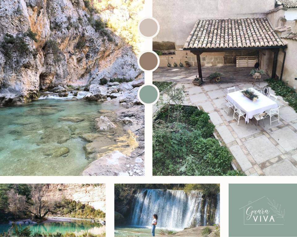 a collage of photos with a waterfall and a table in front of a river at Guara VIVA Abiego in Abiego
