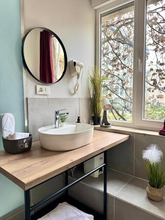 a bathroom with a sink and a mirror at E - Central Room Two in Skopje