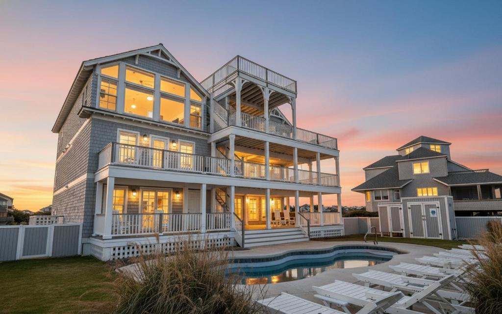 a large house with a pool in front of it at Frankly My Dear - Duck, Oceanfront, Elevator, Wheelchair Friendly, Pool Table, Pool, Hot Tub, Flex Stays in Duck