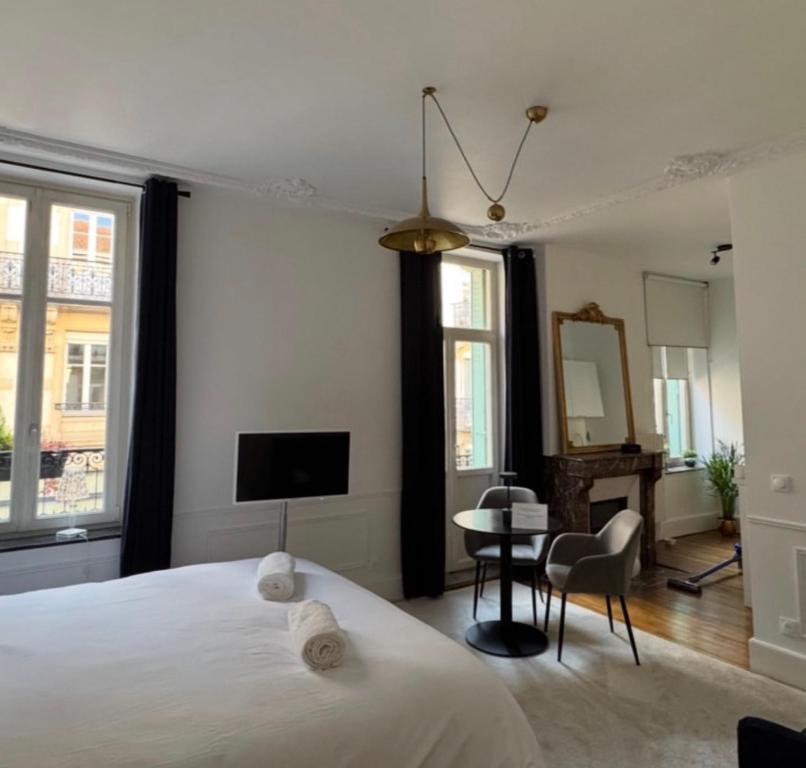 a bedroom with a bed and a desk and a television at La suite du parc 1 in Nancy