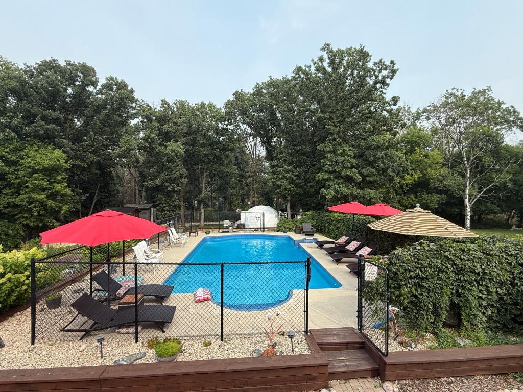 a swimming pool with chairs and umbrellas next to it at Stay549 in Winnipeg