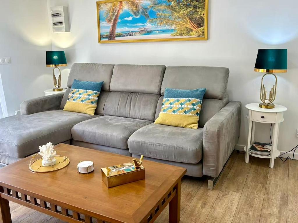 Appartement chic في Saint-Génis: غرفة معيشة بها أريكة وطاولة قهوة