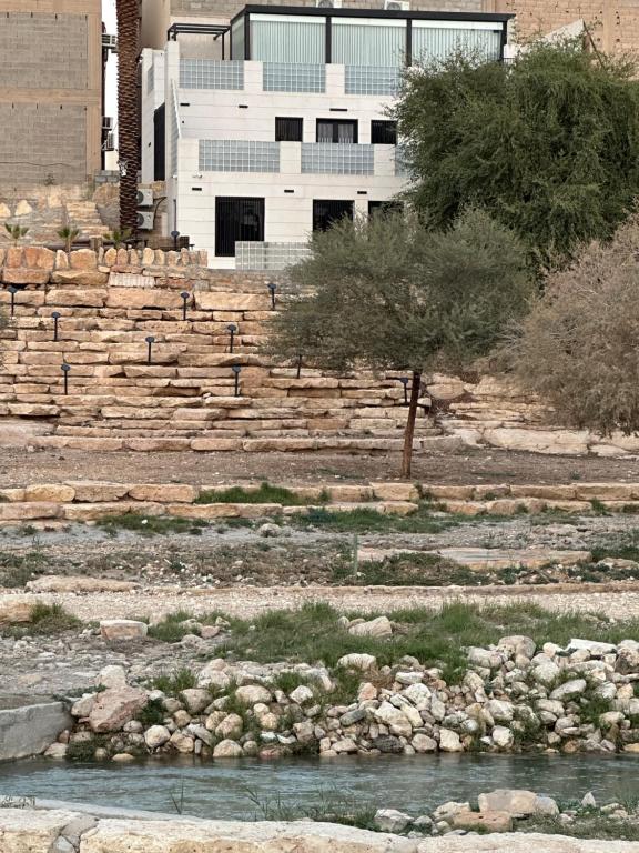 a tree in front of a building next to a river at Wadi Hanifa View وادي حنيفة ڤيو in Riyadh