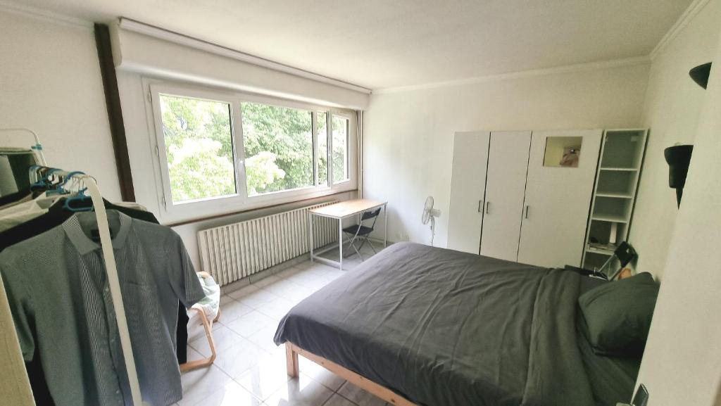 a bedroom with a bed and a window and a desk at Geneva House M in Ferney-Voltaire
