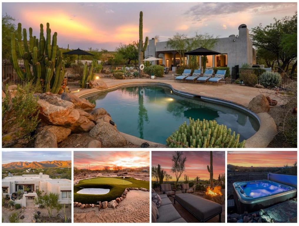 a collage of pictures of a house and a pool at Desert Oasis Pool, Golf, Games Mountain Views in New River