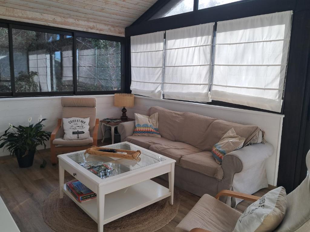 a living room with a couch and a table at Le Chalet d'Isabelle-sur la vélodyssée-drap-serviette in Sainte-Eulalie-en-Born
