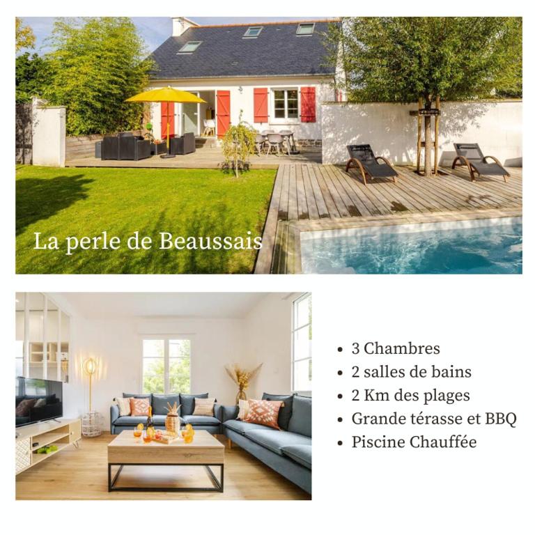 two pictures of a living room and a house at Charmante maison avec piscine chauffée - 2km des plages in Beaussais sur Mer