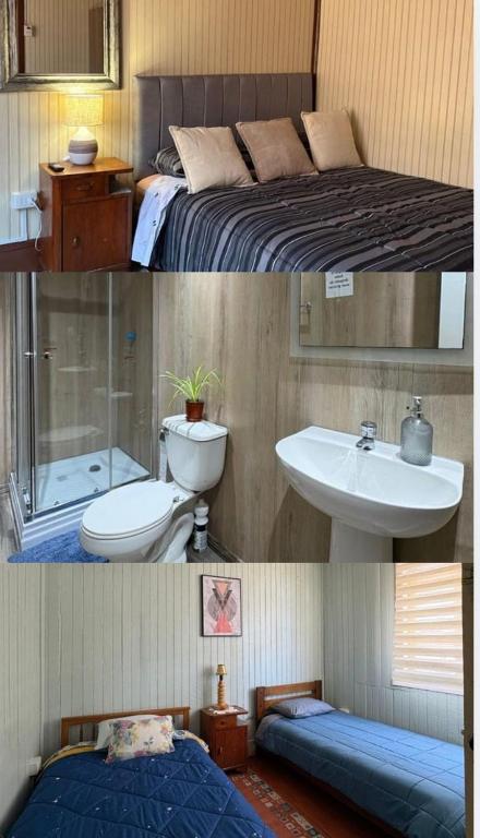 two pictures of a bedroom with a bed and a sink at Puerto sureño in Puerto Montt