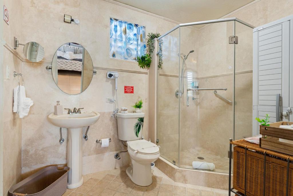 a bathroom with a shower and a toilet and a sink at Gaviota del Mar with private pool in Rincon