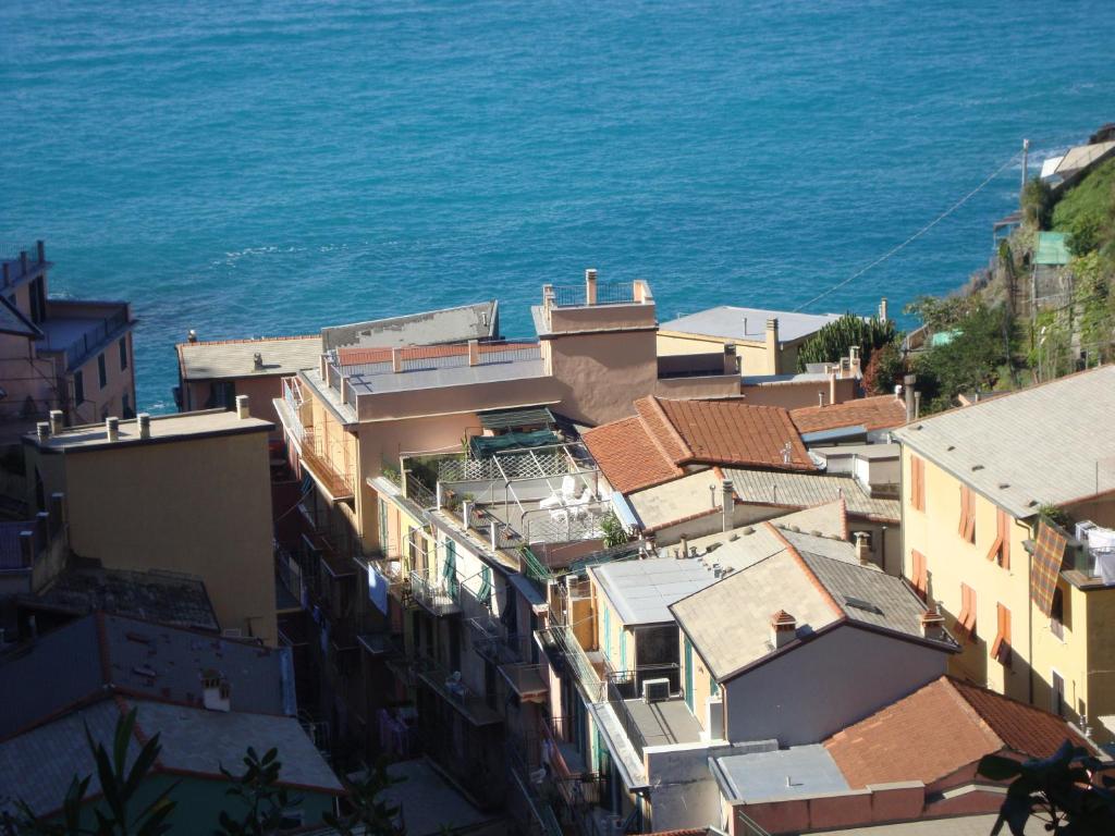 un groupe de bâtiments avec l'océan en arrière-plan dans l'établissement Terrazza, à Manarola