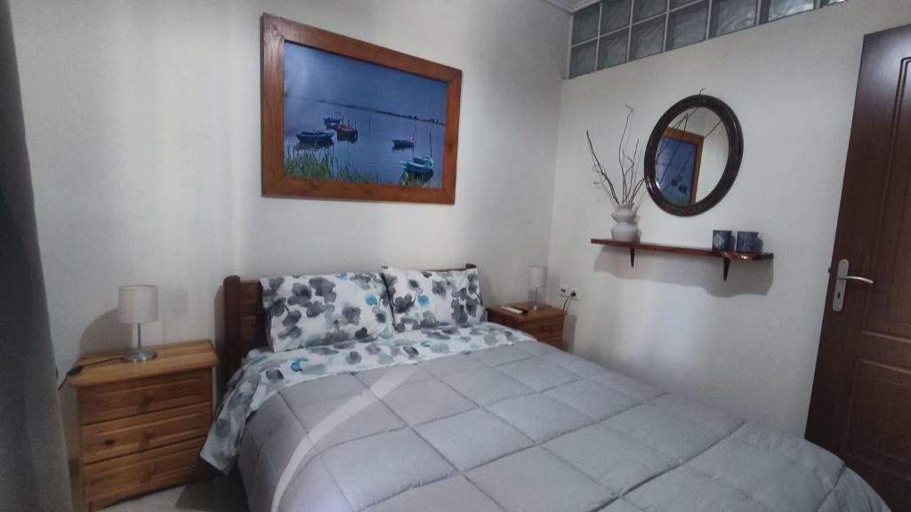 a bedroom with a bed and a mirror on the wall at Ampolias rooms Messolonghi in Missolonghi