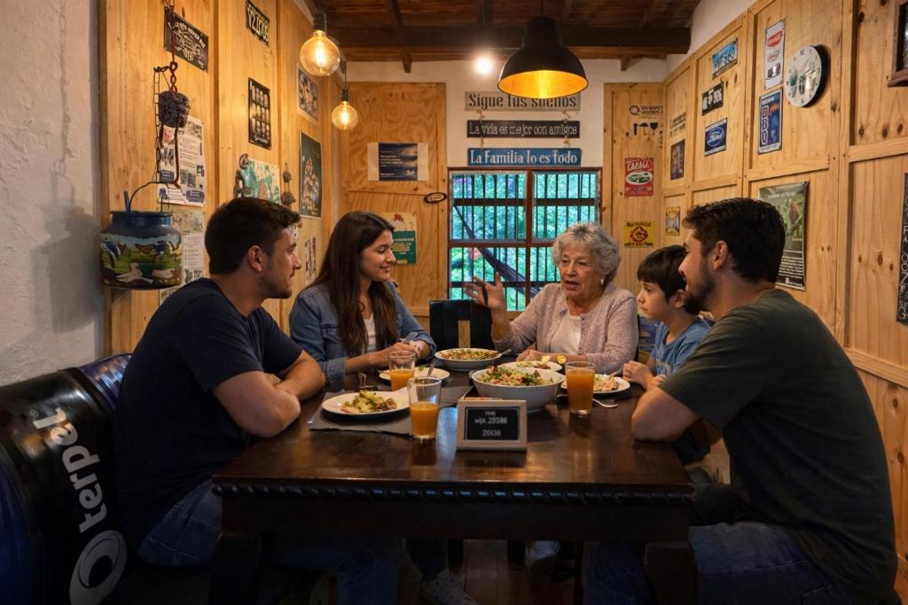 a group of people sitting around a table eating food at Maravilla de cabaña grupal 5-10 personas parking, wifi, campestre, cercana in Jardin