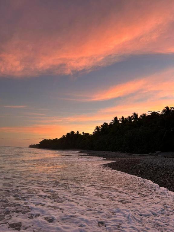 a sunset over a beach with a group of trees at Casa AllíS in Cóbano