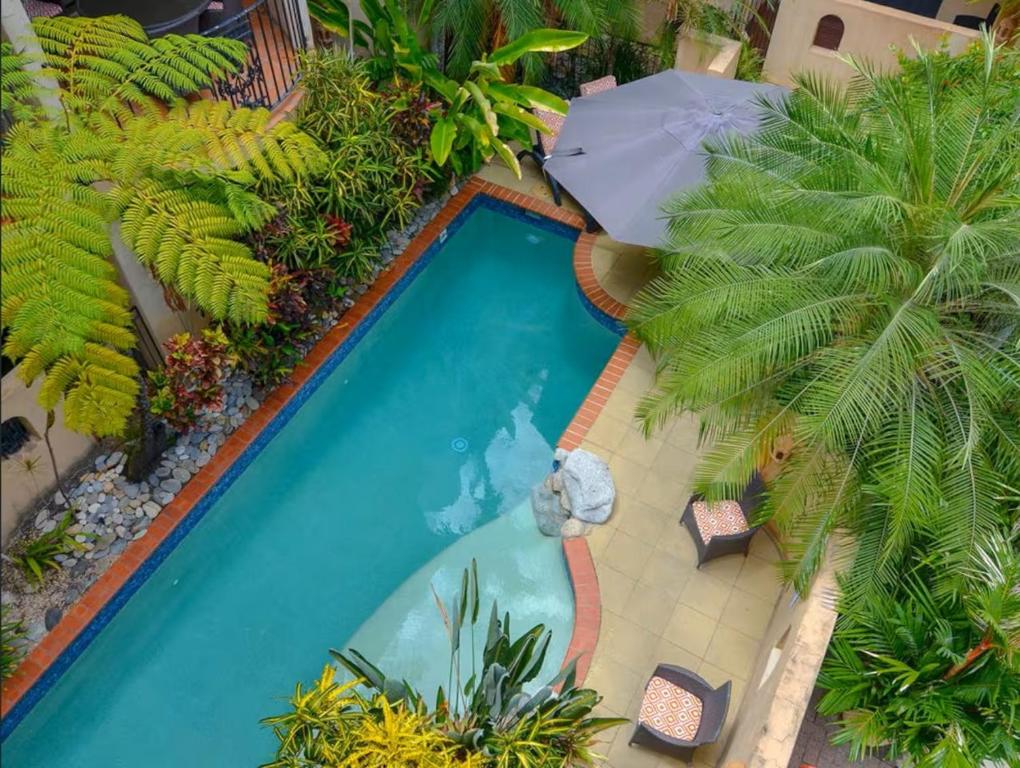 an overhead view of a swimming pool with an umbrella at Let's Get Tropical, Located In The Heart Of Town, 2 King Beds, 2 Pools, 2 Bathrooms in Port Douglas