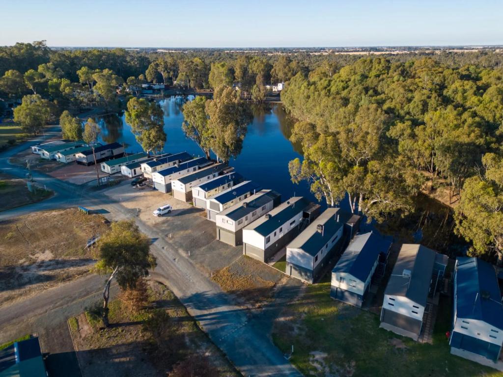 an aerial view of a marina on a river at Tasman Holiday Parks - Merool on the Murray in Echuca