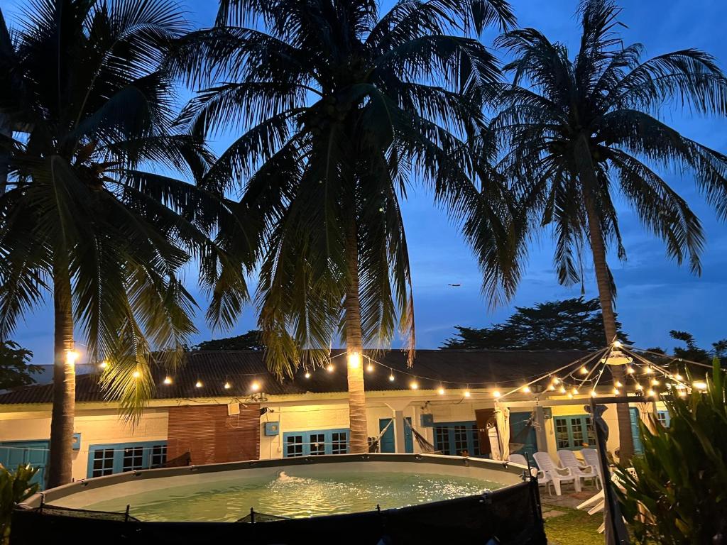 a house with a swimming pool and two palm trees at Dar Yasmine in Pantai Cenang