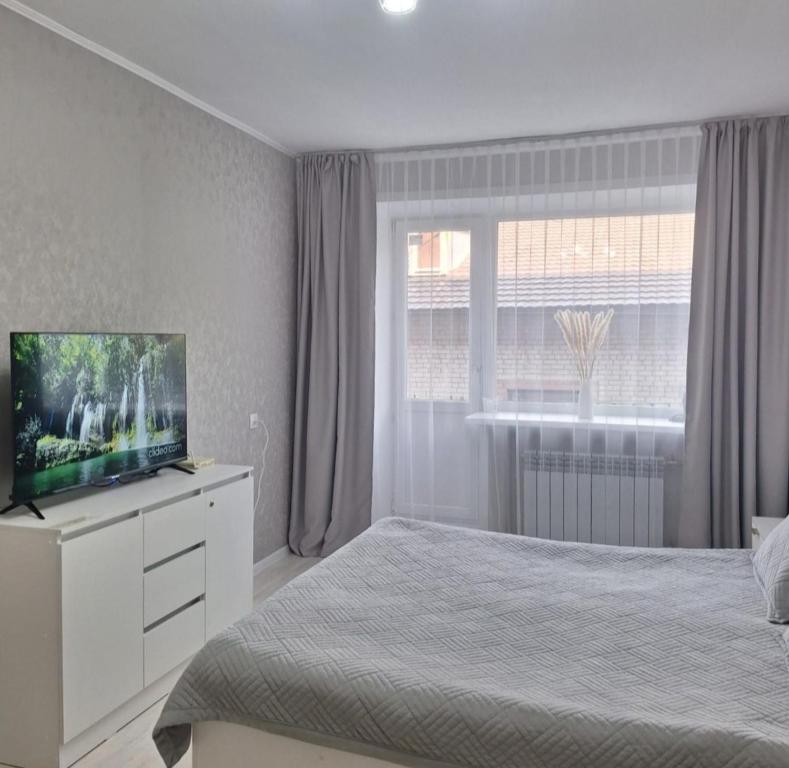 a bedroom with a bed and a television on a dresser at Aizhan Bekshenova in Lenīnogorsk