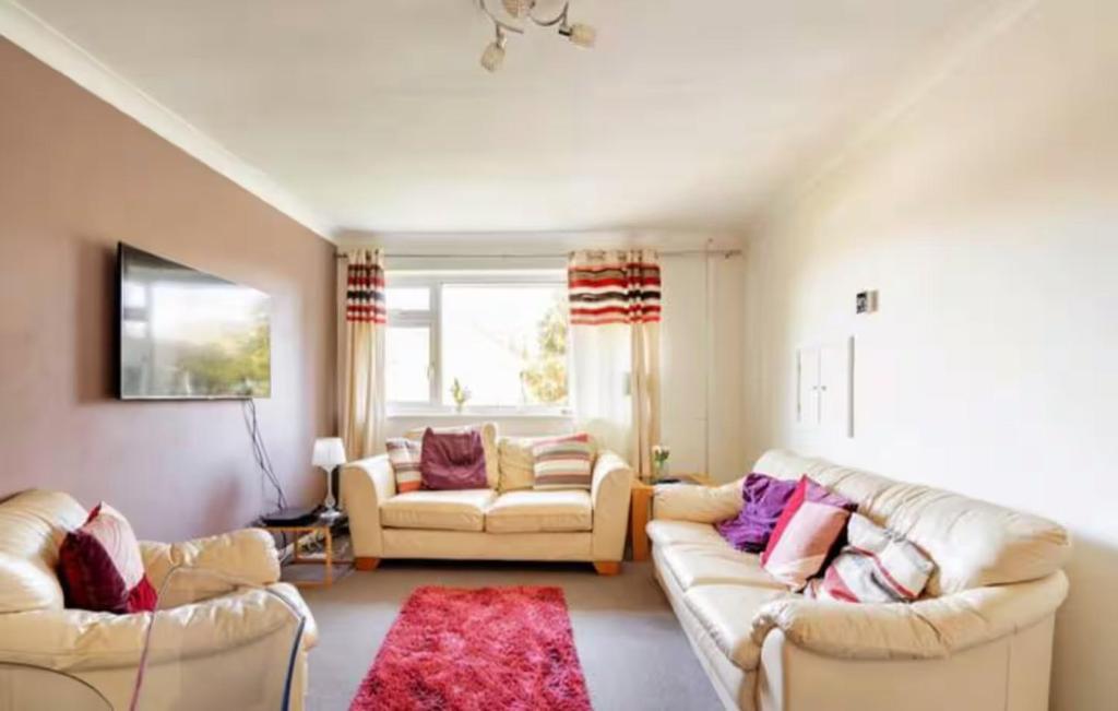 a living room with two couches and a red rug at A Home from Home -2 Bed Flat & Free Driveway Parking in Ascot