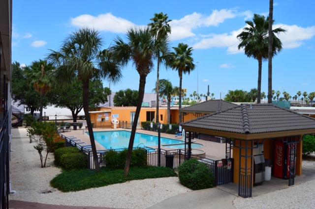 a resort with a pool and a gazebo and palm trees at Americas Best Value Inn Laredo in Laredo