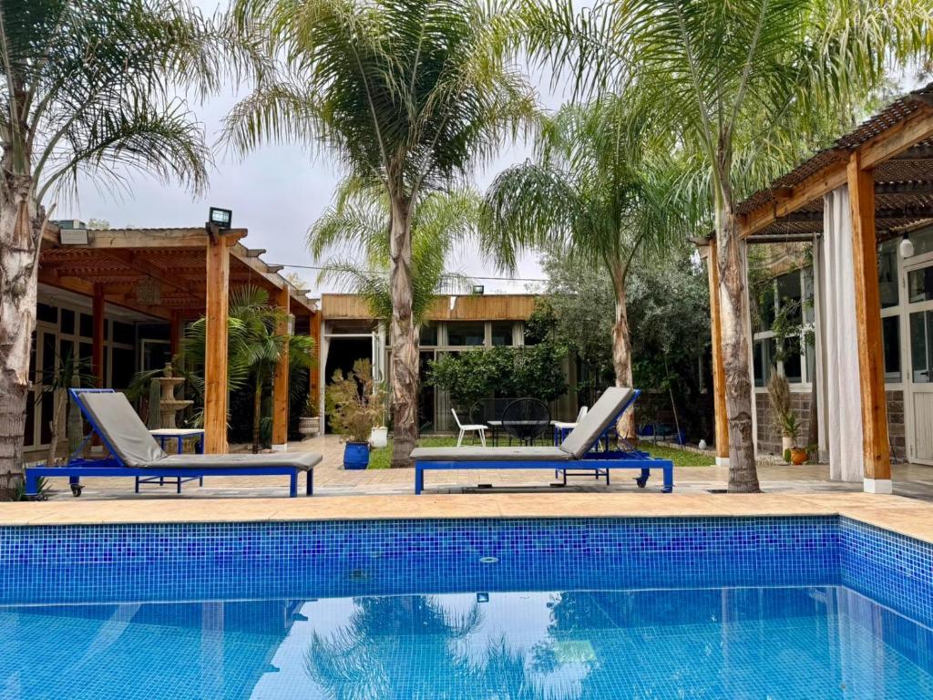 a villa with a swimming pool and palm trees at Riad Eglantine in Touggana