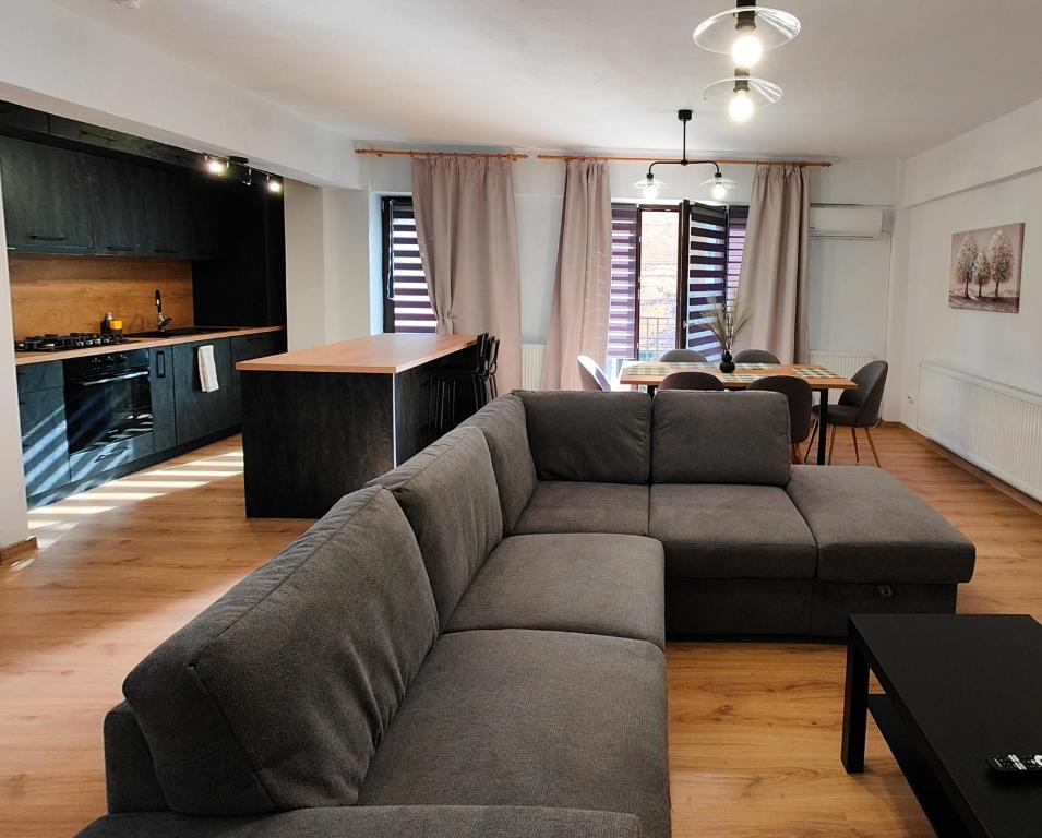 a living room with a couch and a kitchen at Mega Residence in Târgovişte