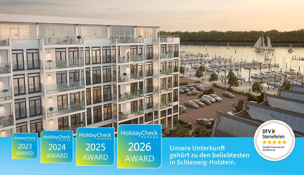 a rendering of the exterior of a building with a marina at Dockside Travemünde in Travemünde