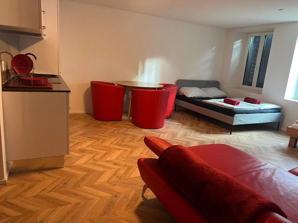 a living room with a couch and a table at Central Living Brugg - Redapartment in Brugg