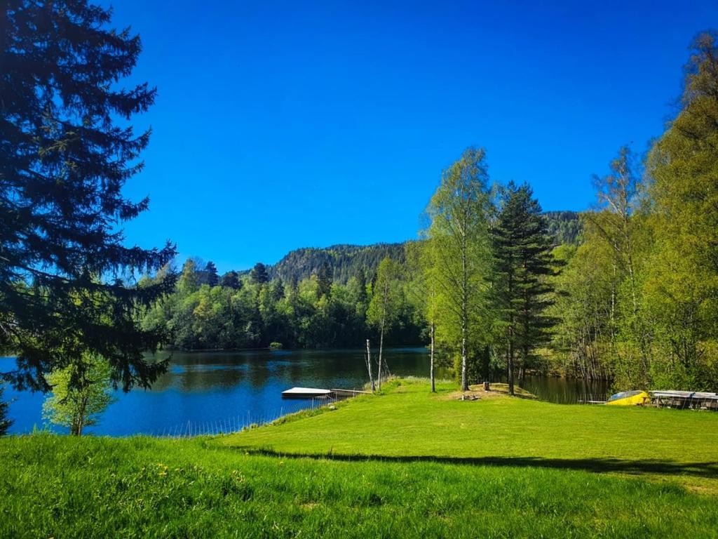 a grassy field next to a lake with a dock at Cozy Off-Grid Cabin - No Power, No Running Water in Skretteberg
