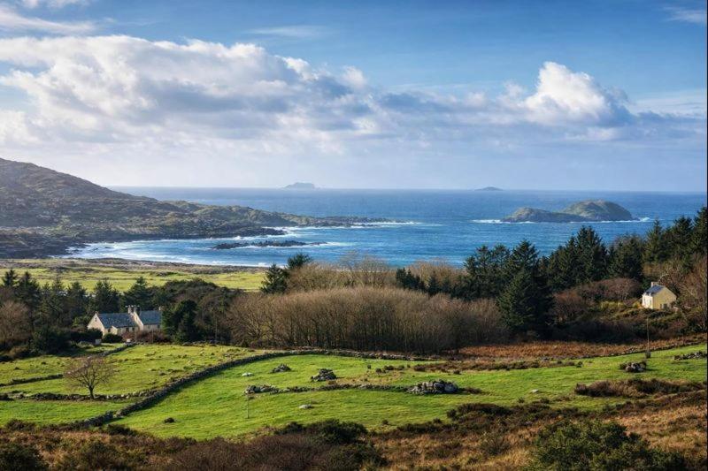 a green field with a view of the ocean at Derrynane Bay House in Caherdaniel