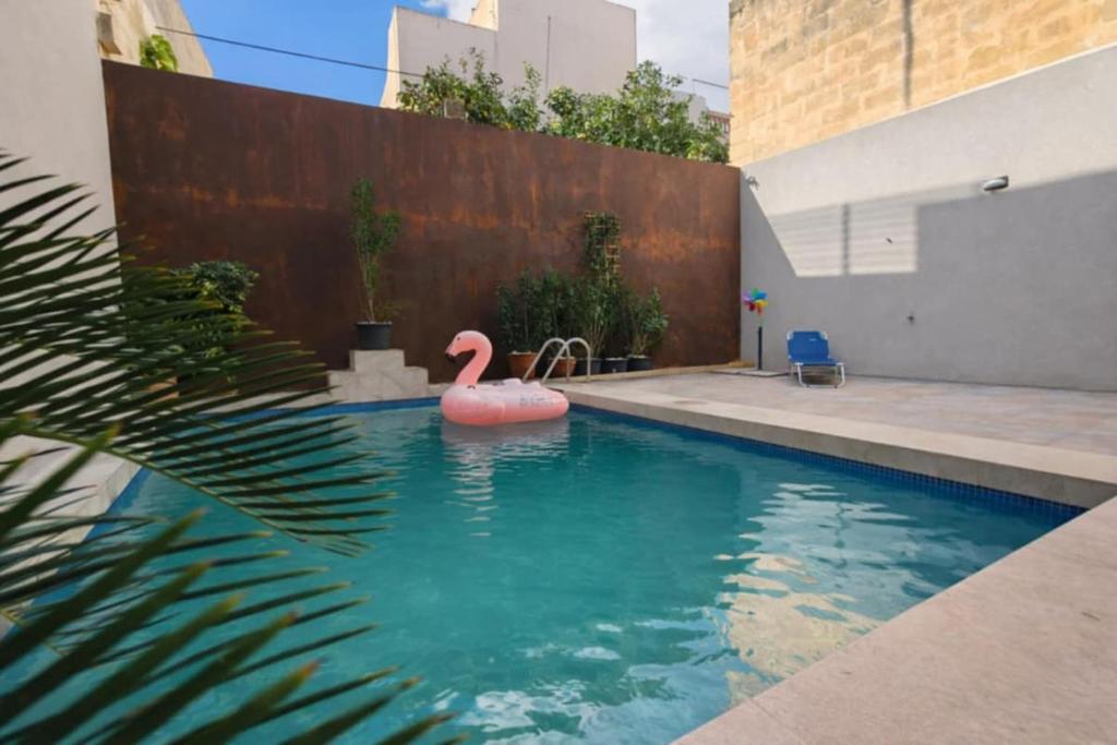 a swimming pool with a pink flamingo in the water at Modern House with Pool - 10 Guests Max in Taʼ Ċantar