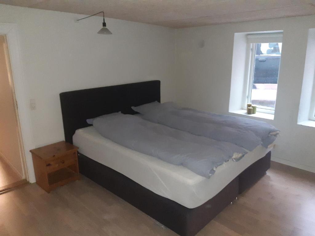 a large bed in a bedroom with a window at Stor lejlighed ved togstation in Viborg