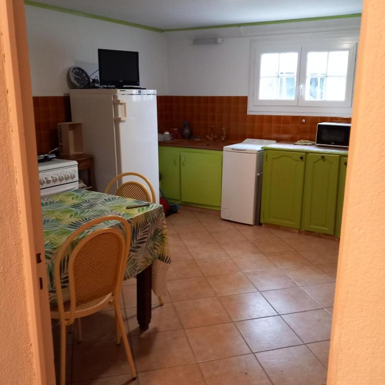 a kitchen with green cabinets and a table and a refrigerator at Vive le vert pomme ! in Saint-Romain-sur-Vienne