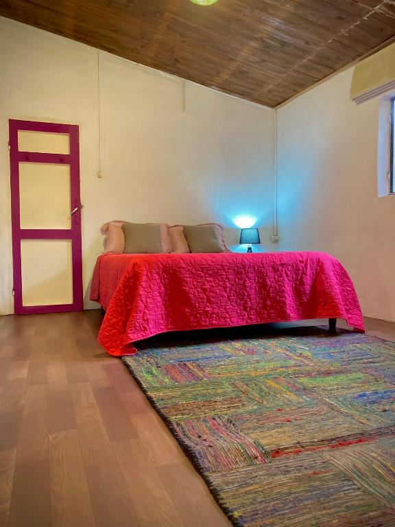 a bedroom with a bed with a red blanket and a rug at Lagomar Casa tipo loft in Ciudad de la Costa