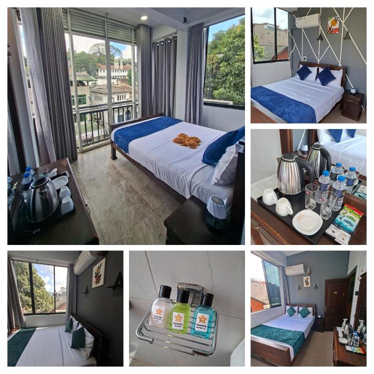 a collage of four pictures of a hotel room at Kandy City Inn in Kandy