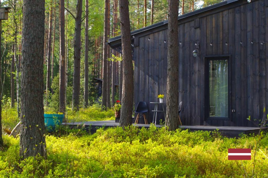 a cabin in the woods with a black building at Rabarberi LV just 15min walk to SeaSide in Saulkrasti