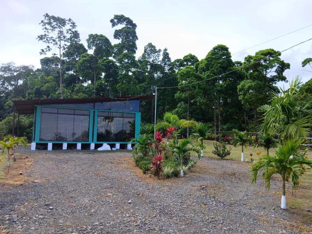 a building with a lot of plants and trees at Tropical Crystal House in Guápiles