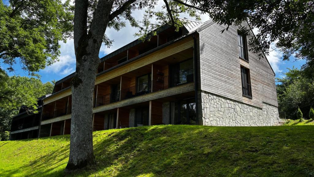 a building on a hill with a tree at Apartmán Jasanek in Železná Ruda