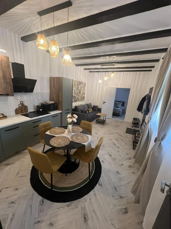 a kitchen and living room with a table and chairs at One Bedroom Apartment with Terrace in Oradea