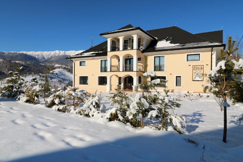 a house in the snow with snow covered bushes at Zodia Craiului in Peştera