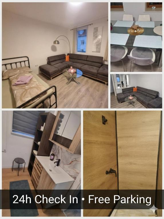 a collage of photos of a living room and a apartment at Vienna Gateway - Self Check-In 24 - free parking in Bockfließ