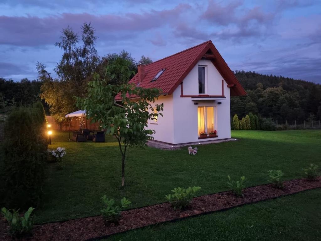 a small white house on a lawn at night at Domek w okolicy Karpacza in Marczyce