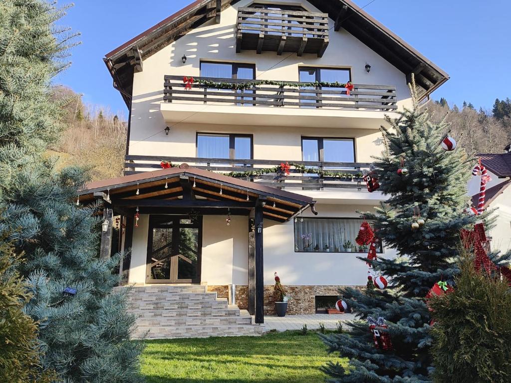 a house with a christmas tree in front of it at VILA ALICE & DENIS in Bran