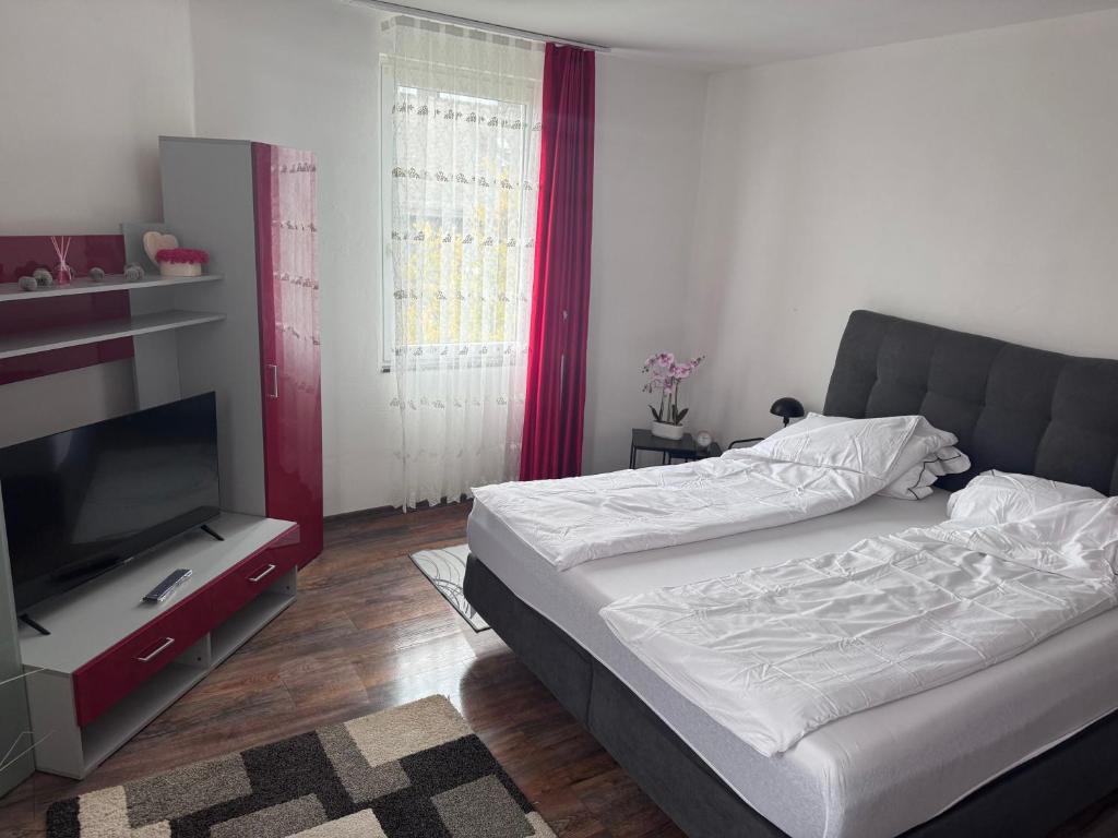 a bedroom with a bed and a flat screen tv at DanMa Ferienwohnung Apartment-Gemeinschaftsküche in Laubach