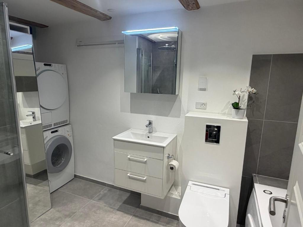 a bathroom with a sink and a washing machine at CPH Guest Homes in Copenhagen