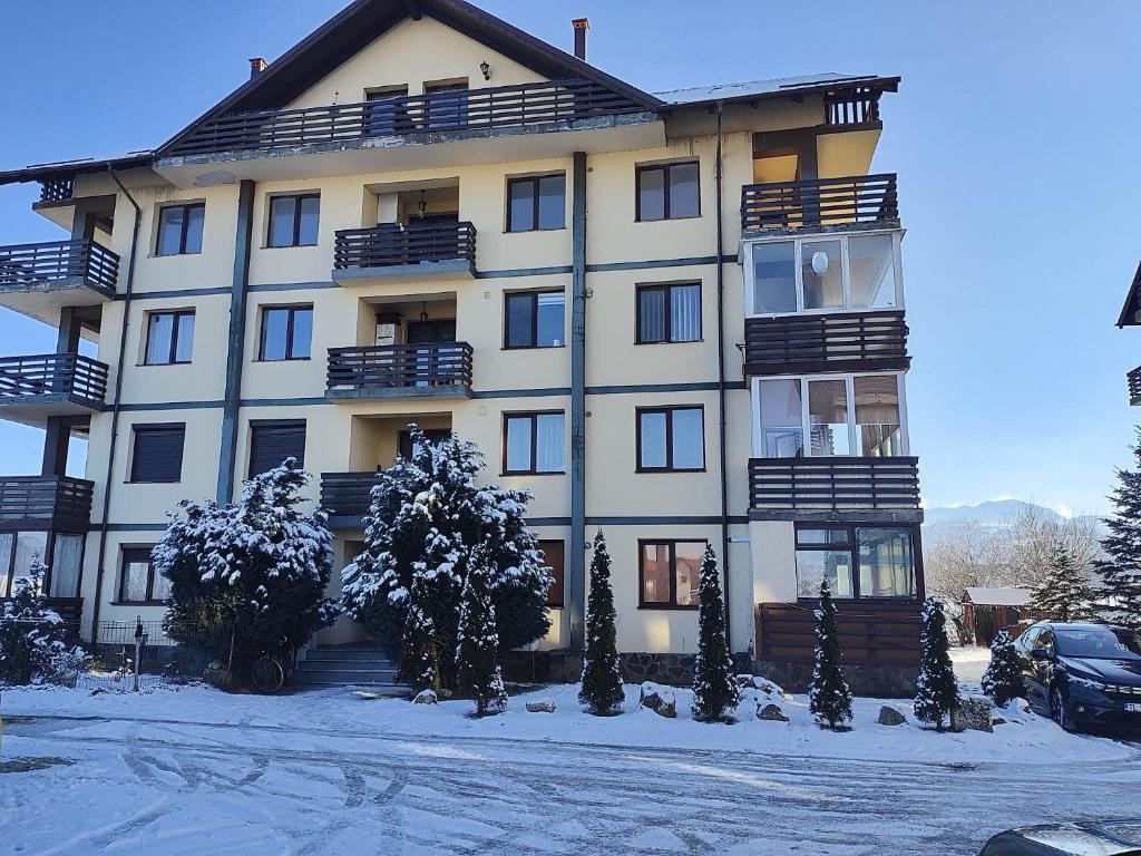 a large white building with snow on the ground at Apartament Alice & Denis in Tohanu Nou