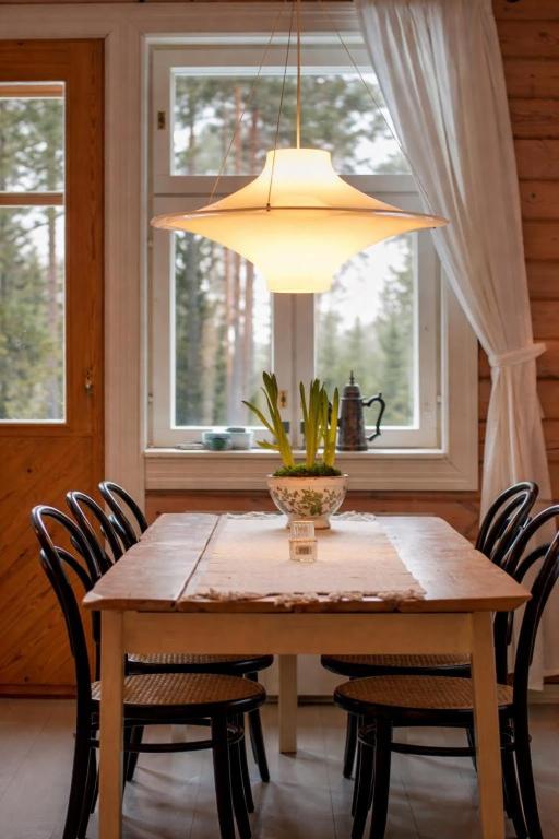 a dining room table with chairs and a light fixture at Private archipelago villa with large property in Pargas