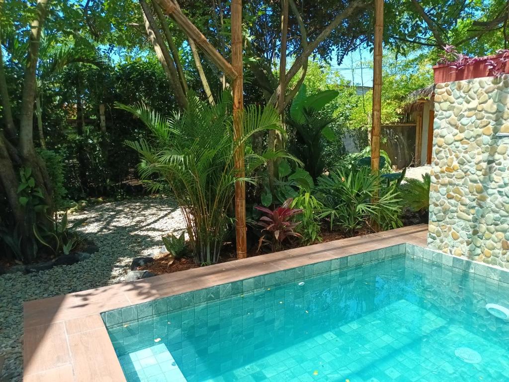 a swimming pool in a garden with trees at Casa Flora Ayampe in Ayampe
